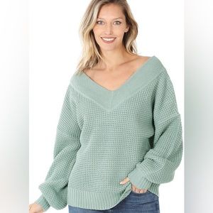 NWT sage green double v-neck sweater.